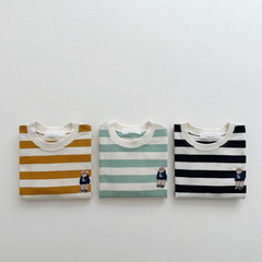 新品上新春季2024韓版ins童裝刺繡小熊衛衣條紋T恤男女童長袖上衣