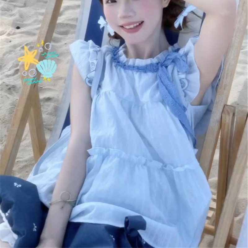 清凉一夏穿搭一整套蓝色显白小飞袖上衣+松紧高腰超仙短裙女学生|undefined