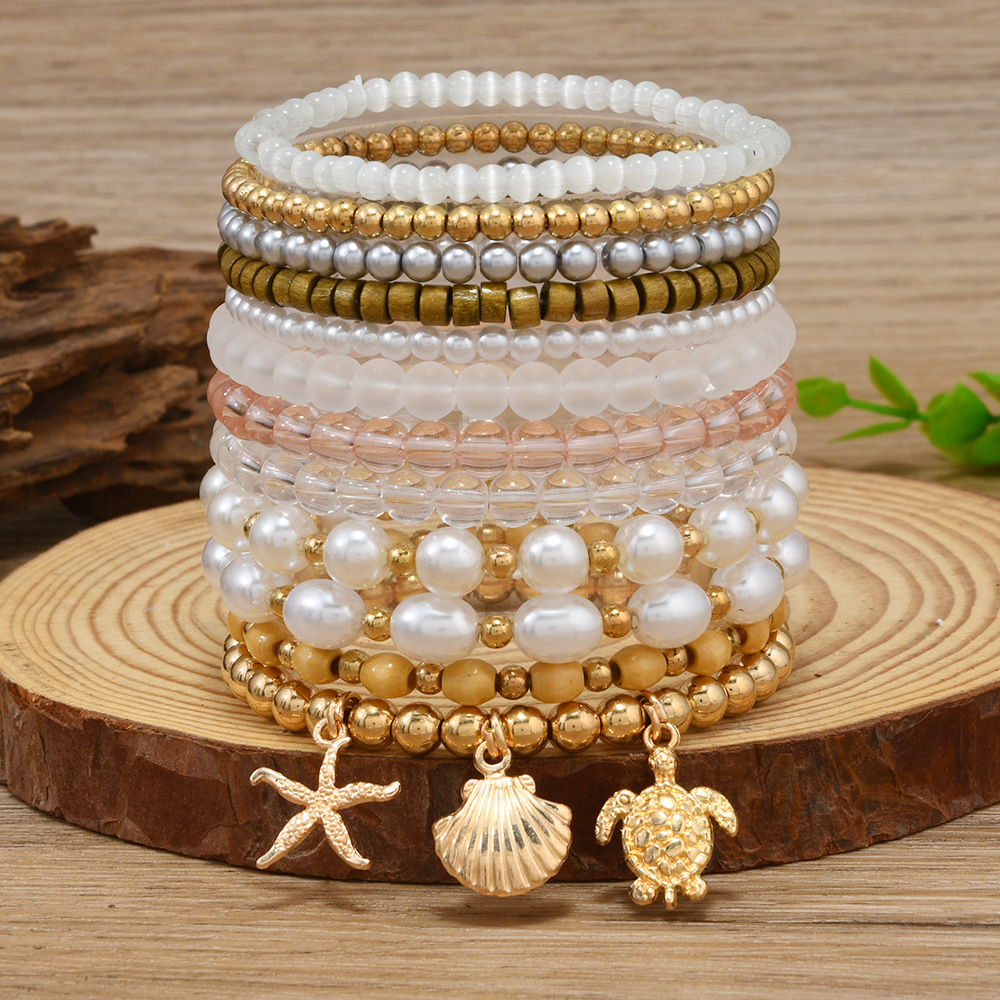 跨境仿珍珠手链女多层串珠贝壳海星海龟吊坠手串时尚潮流饰品