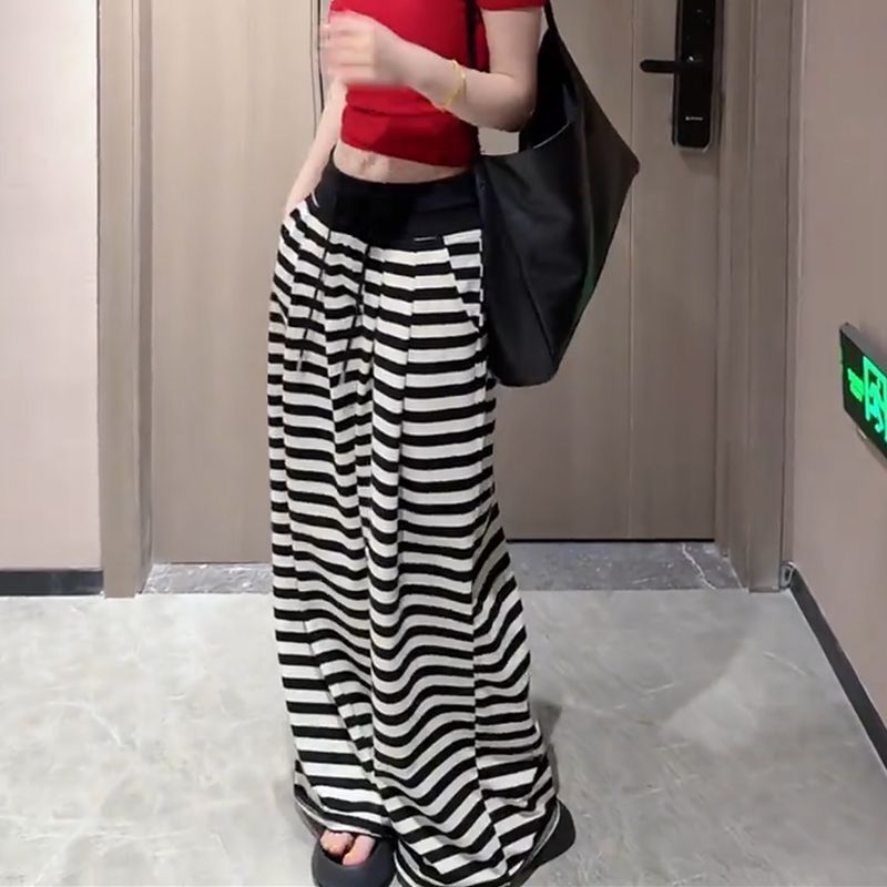 今年爆款夏季新款高腰条纹休闲裤女阔腿裤百搭显瘦长裤子|undefined