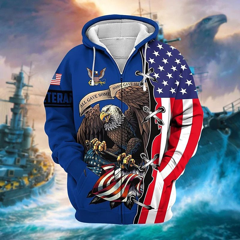 2025 New Men's Full Zip Hoodie Pattern Printed Eagle Flag Zipper Printed Sports Outdoor Sportswear