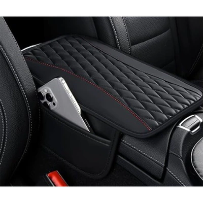 Car armrest box mat made of PU leather, suitable for all seasons, embroidered with raised bubbles, a popular cross-border product, wholesale central armrest box mat (Armrest box pad) - two-tone-black-with-side-pocket
