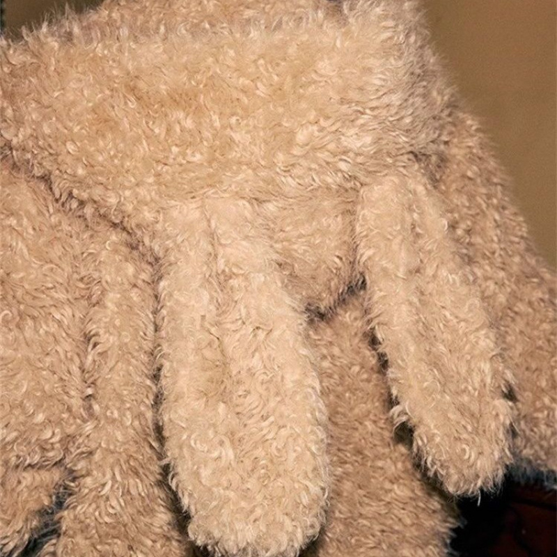 可爱兔耳朵仿皮短款连帽毛绒外套女冬宽松加厚慵懒风卡其色灰色