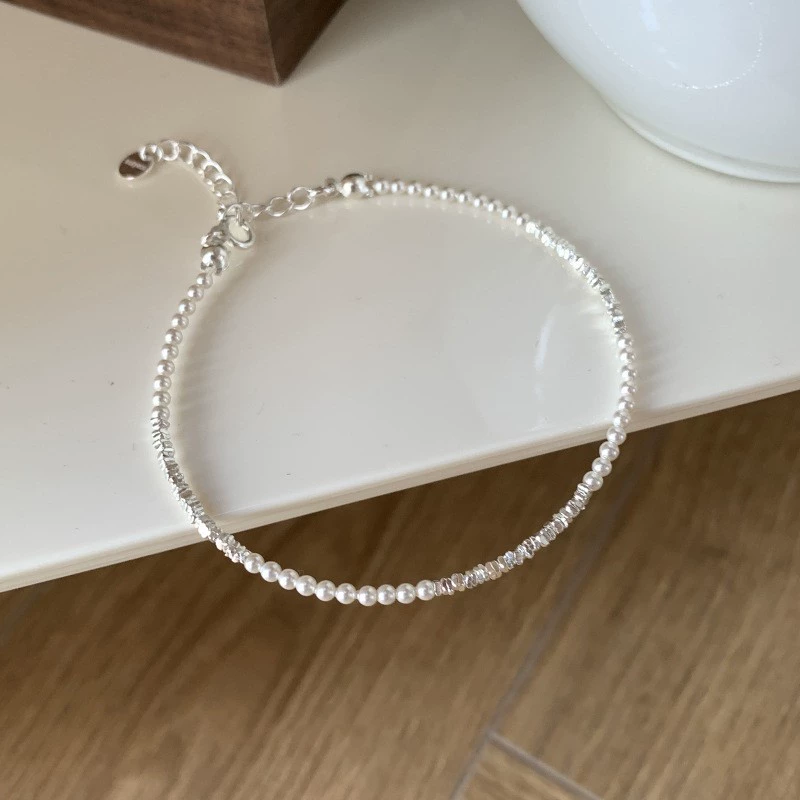 Silver 925 Pearl Bracelet, Minimal Beaded Design, Adjustable 12 cm