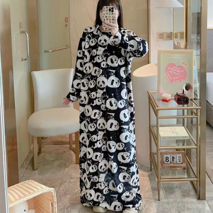 El otoño y el Invierno de las nuevas mujeres camisón espesado caliente MIDI vestido dibujos animados a cuadros franela Home wear en línea transmisión en vivo