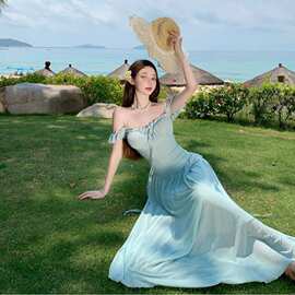 【层叠浪漫~】网纱海边度假连衣裙女夏季海岛方领气质裙子