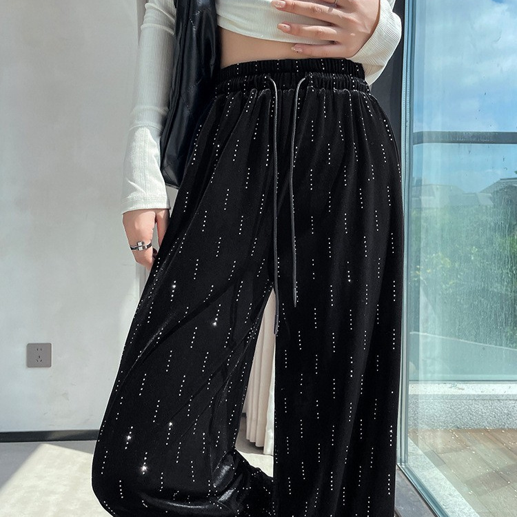Premium Black Velvet Rhinestone Casual Pants for Women, Spring 2026, Drapey Straight-Leg Pants, High-Waisted Slimming Wide-Leg Pants