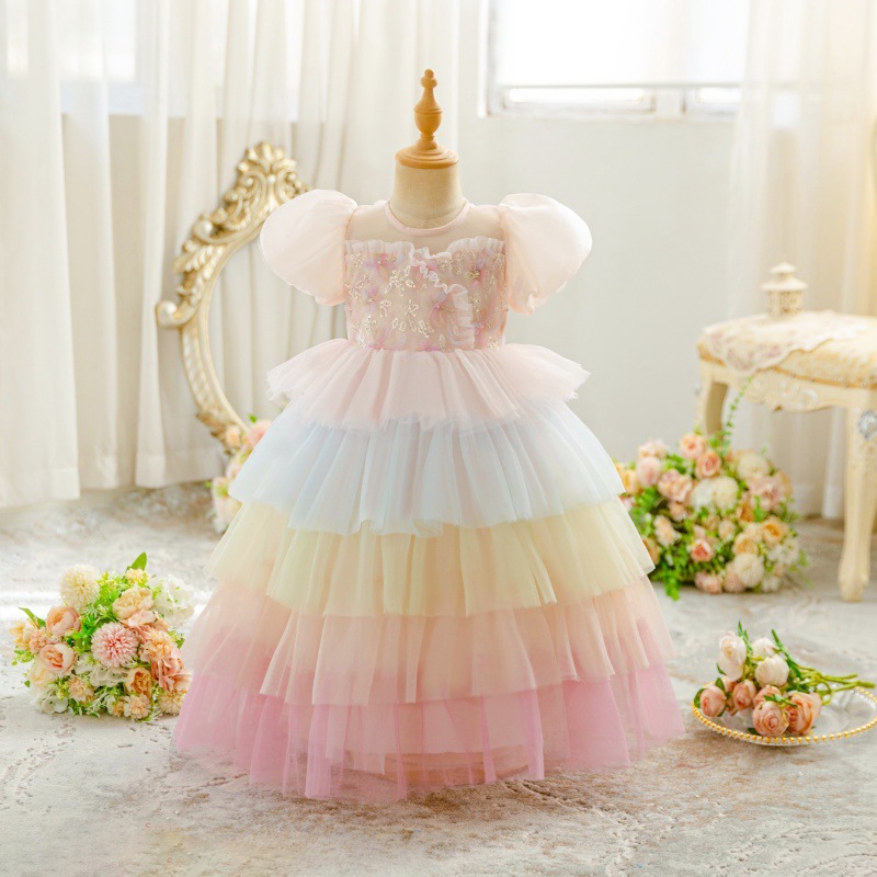 Girls' dress 2025 New Princess Dress Children's Korean Style Bubble Sleeve Sequin Mesh Contrast Color Cake Dress