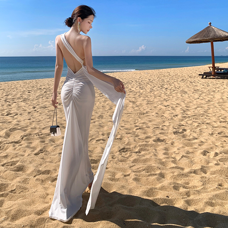 Ancient Greek Goddess One-shoulder Slant Collar Ribbon Knitted Skirt Venus Hollow-out Pleated Dopamine Holiday Beach Gown