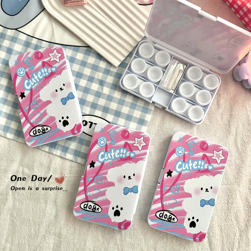 小白熊美瞳盒子多副大容量隐形眼镜盒女便携式简约收纳伴侣六副装