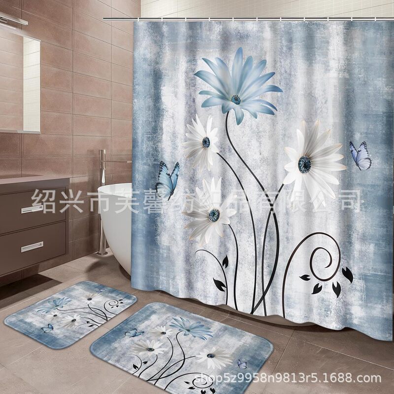 Directly Supplied from the Manufacturer to Amazon, Blue and Purple Textured Floral Digital Print Shower Curtain Bathroom Four-Piece Set with Accessories and Hooks Directly Supplied from the Manufacturer to Amazon, Blue and Purple Textured Floral Digital Print Shower Curtain Bathroom Four-Piece Set with Accessories and Hooks