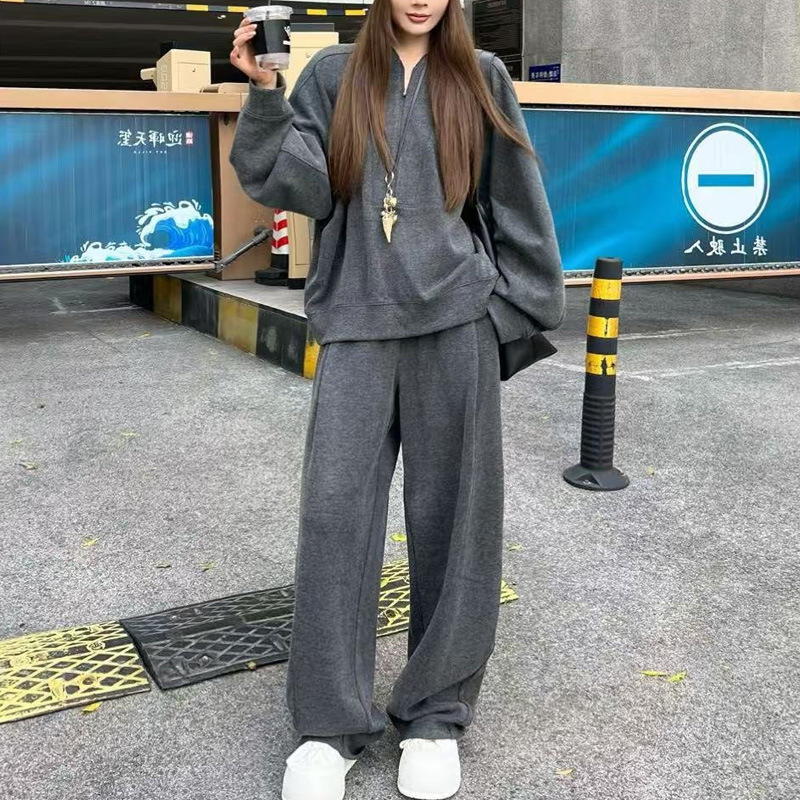 韩系气质高级套装2025春秋新款休闲半拉链卫衣阔腿裤两件套女代发|undefined
