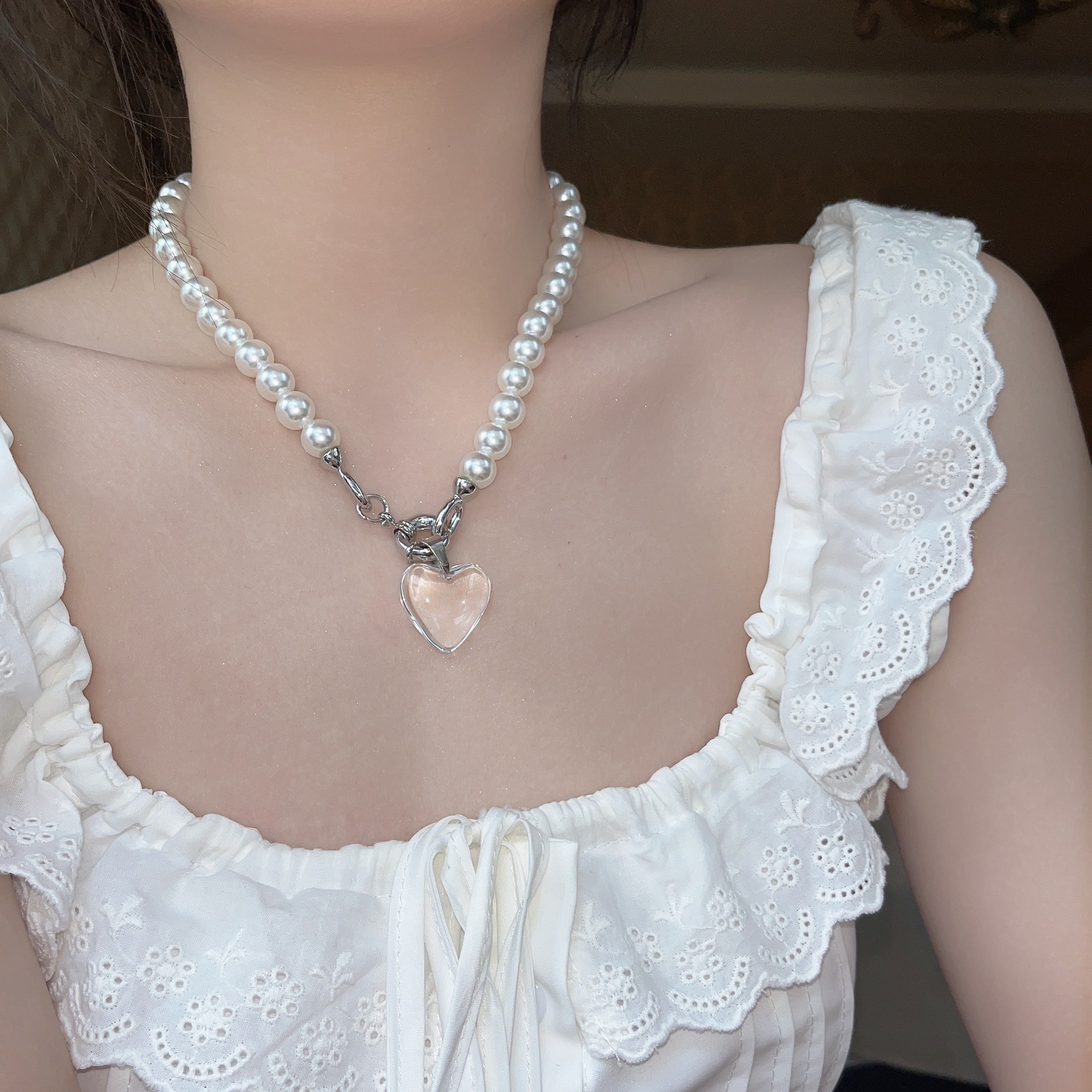 Sweet Heart Shape Arylic Pearl Pendant Necklace