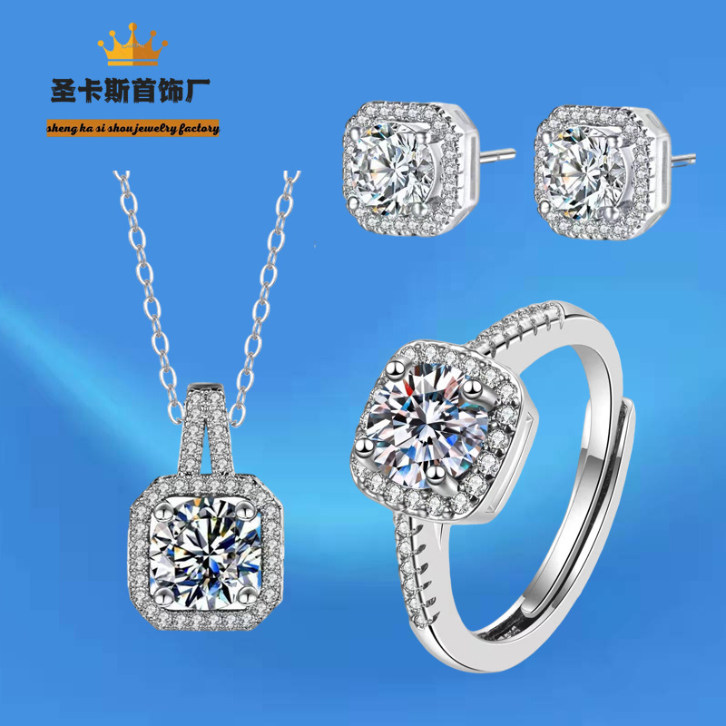 Joyería caliente vivo tres piezas princesa bolsa cuadrada anillo collar pendientes ZIRCON traje moda temperamento clavícula cadena