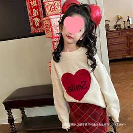 女童套头毛衣批发秋冬季中大童爱心针织女孩宽松休闲打底衫上衣」