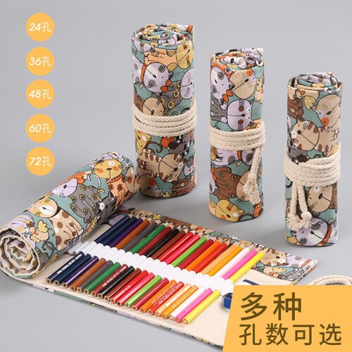 Handmade Canvas Pen Organizer 12/24/36/48/72 Holes Large Capacity Rolling Pen Case for Boys and Girls Colored Pencils Sketching Stationery Box