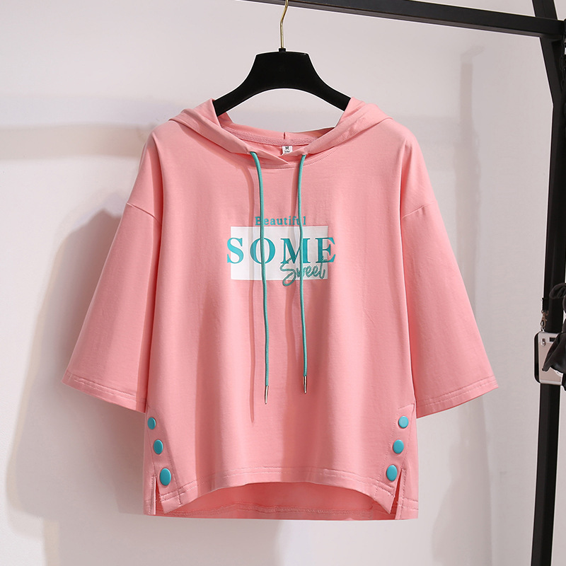 summer short sleeve T-shirt with hood for students