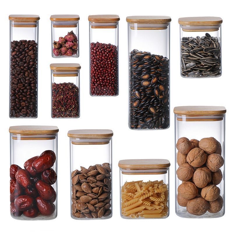 Tanque sellado de vidrio con alto contenido de borosilicato cuadrado, botella de almacenamiento, condimento de almacenamiento de granos, tapa de bambú, frasco de vidrio a prueba de humedad, frasco de té de flores