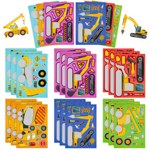 6 Sheets/Pack Engineering Truck DIY Face-Changing Stickers Cross-Border New Engineering Vehicle Truck Children's Graffiti Puzzle Stickers