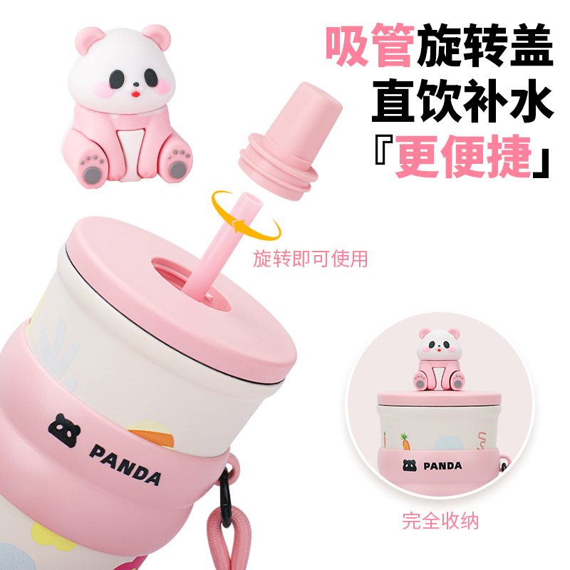 Vaso de agua creativo con pajita, vaso aislado, alto valor estético, gran capacidad, vaso de viaje con diseño de panda, acero inoxidable 304, diseño de dibujos animados portátil.