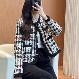 黑白格子小香风外套女秋冬2024新款法式高级感小个子西装短款上衣