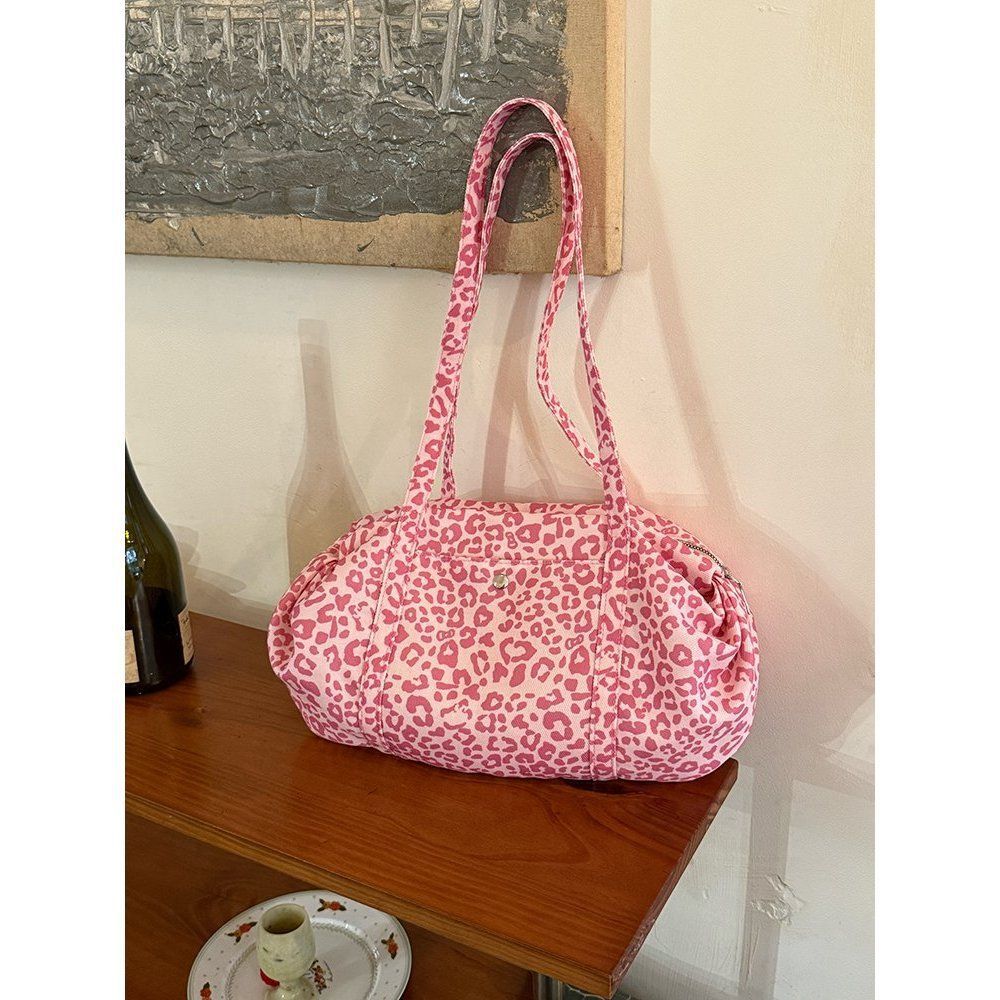 Korean Style Leopard Print Bowling Bag For Women - New Large Capacity Nylon Shoulder Bag, Lightweight Casual Commuter Handbag - Thumbnail 7