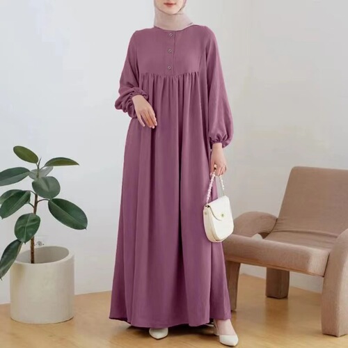 Malay Muslim women's clothing solid color robe loose dress fashionable casual lantern sleeve long dress elegant