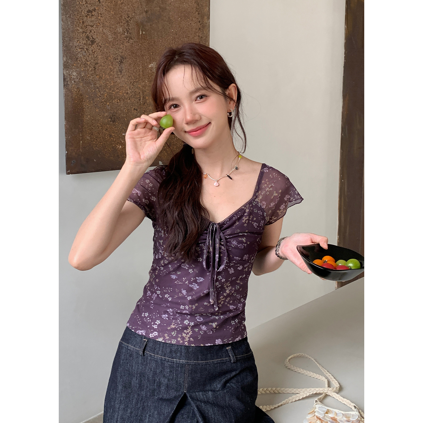 Floral Print Small Flying Sleeve Tie V-Neck Shirt for Women, Summer New Slim Fit Blouse Ye0110