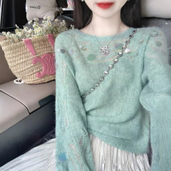 多巴胺绿色镂空重工亮片针织衫女秋季新款高级感软糯套头毛衣外套