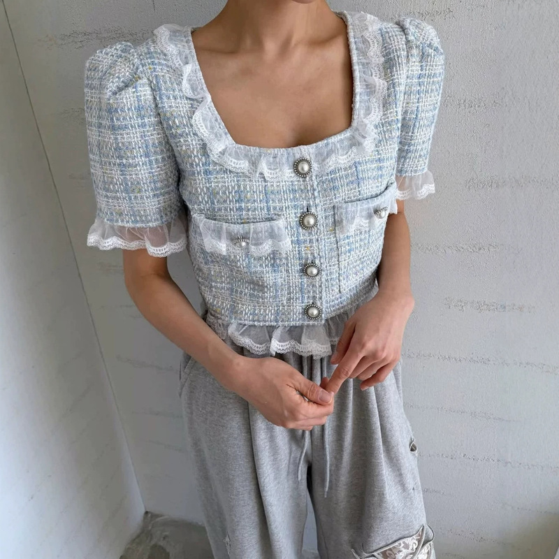Korean-Style Lace-Trimmed Tweed Blazer for Women, Short Pearl-Buttoned Jacket, Youthful Chanel-Style Puff Sleeve Top Korean-Style Lace-Trimmed Tweed Blazer for Women, Short Pearl-Buttoned Jacket, Youthful Chanel-Style Puff Sleeve Top