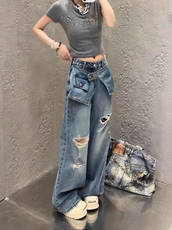 复古假两件高腰破洞阔腿牛仔裤女秋季新款宽松显瘦直筒休闲拖地裤|undefined