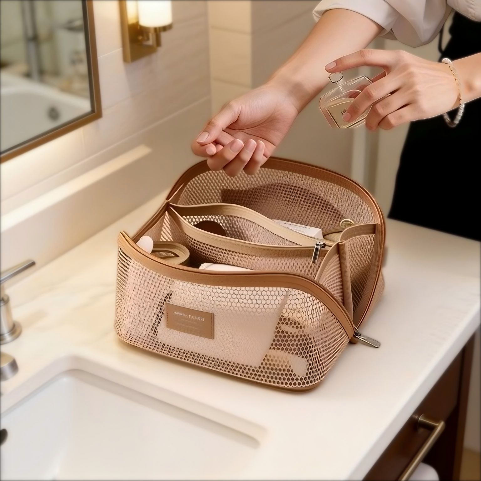 Nuevos productos transfronterizos de maquillaje de malla de gran capacidad de alta sensación de mano multifuncional de partición de viaje bolsas de almacenamiento de lavado para mujeres