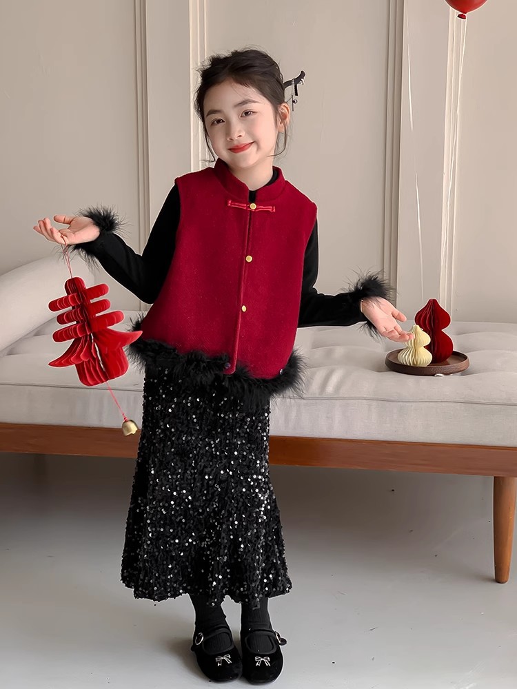 女童2025过年衣服套装宝宝新中式红色马甲公主裙儿童高级感拜年服