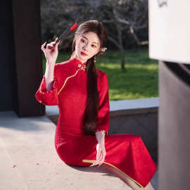 改良款气质旗袍复古中国风提花双层红色新款立领五分袖优雅连衣裙