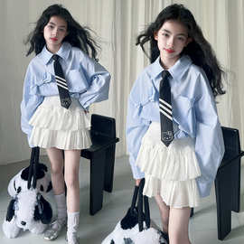 女童春夏季衬衫2025款时尚女孩韩系中大童洋气条纹蝴蝶结防晒上衣