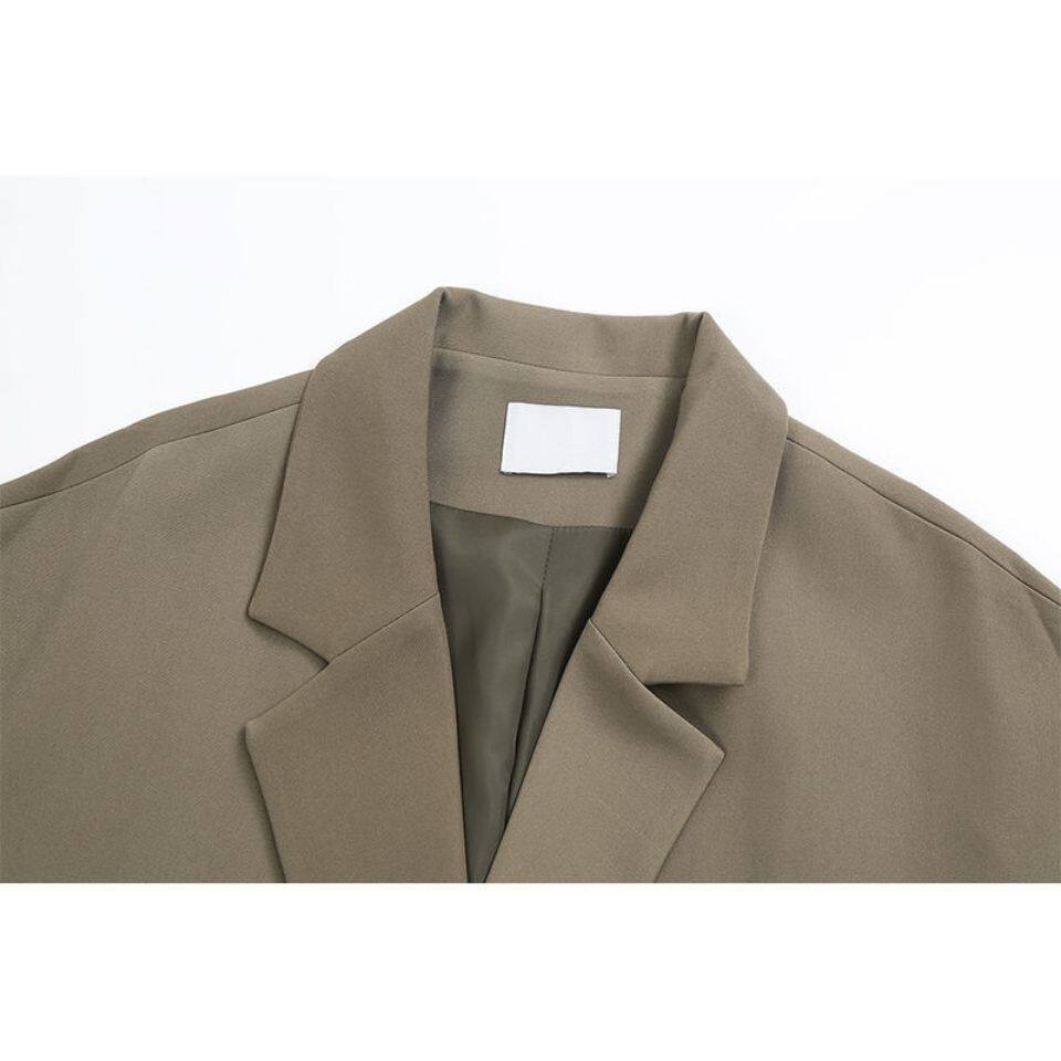 Áo blazer nữ dáng rộng cổ vest tay dài phong cách thanh lịch — quần kaki, đen, Bông đen, Kaki và bông