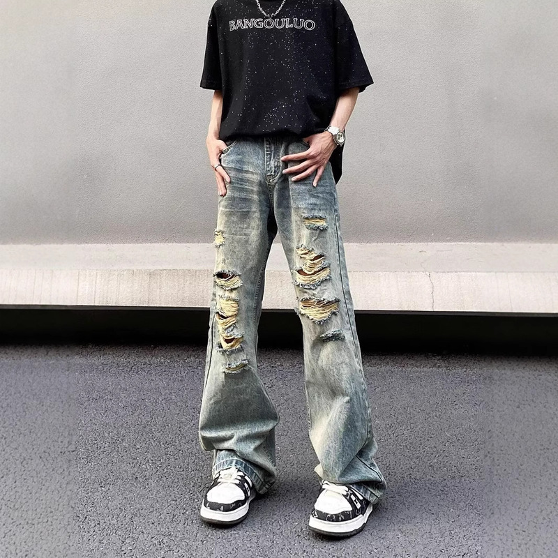 American High Street Retro Ripped Jeans for Men, Loose Straight-Leg Trendy Brand, Handsome and Slightly Flared Design, Beggar Pants for Men