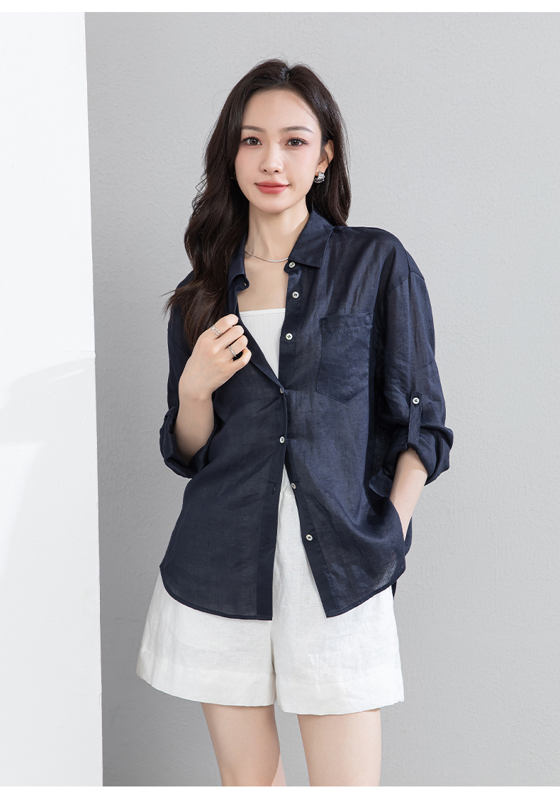 Áo chống nắng nữ dáng dài cổ V tay lỡ chất liệu ramie màu xanh navy — màu xanh navy chi tiết 20