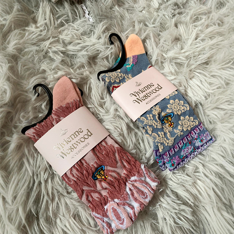 Empress Dowager Saturn Embroidered Three-Dimensional Relief Mid-Stocking Women's Artistic Ethnic Style Light Luxury Autumn Harajuku Mori Personality Empress Dowager Saturn Embroidered Three-Dimensional Relief Mid-Stocking Women's Artistic Ethnic Style Light Luxury Autumn Harajuku Mori Personality