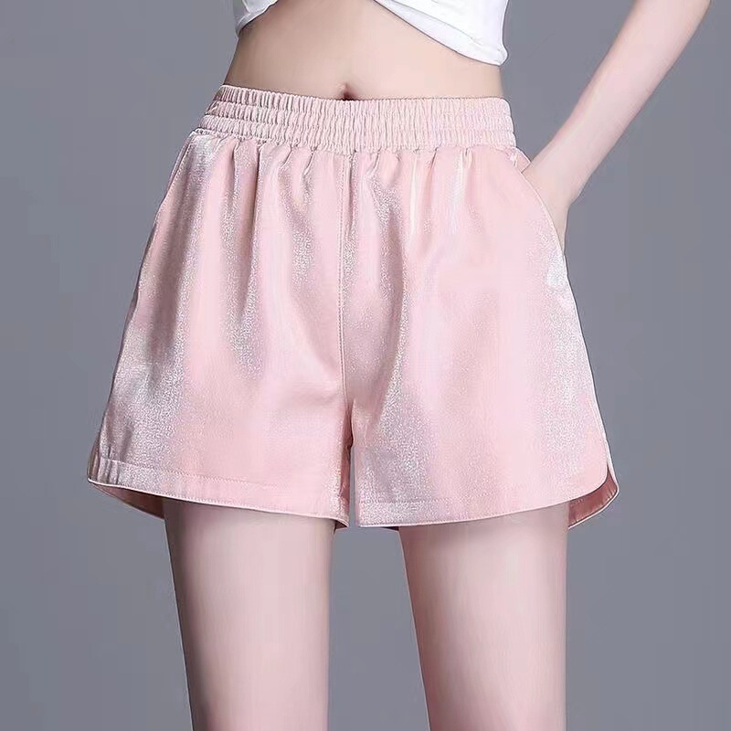 Summer Shiny Ice Silk Shorts for Women 2026 Loose Thin Style Trendy High-End Elastic Waist Korean Version A-Line Short Style Summer Shiny Ice Silk Shorts for Women 2026 Loose Thin Style Trendy High-End Elastic Waist Korean Version A-Line Short Style