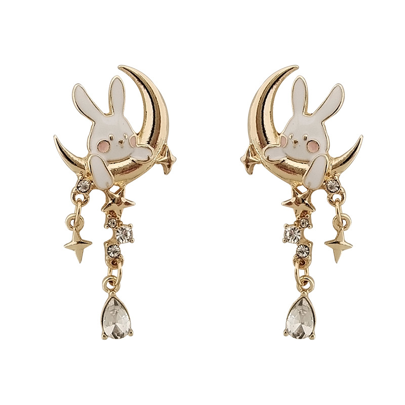 Fashion Rabbit Moon Alloy Plating Inlay Gem Glass Women's Drop Earrings 1 Pair display picture 5