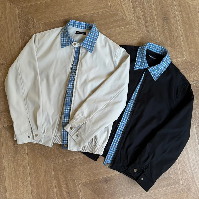 Plaid patchwork faux two-piece Miu-style Harrington jacket, unisex, preppy style outerwear, old money style top