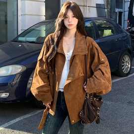复古翻领秋季外套夹克女休闲拉德美机车慵懒2025廓形感麂皮绒宽松