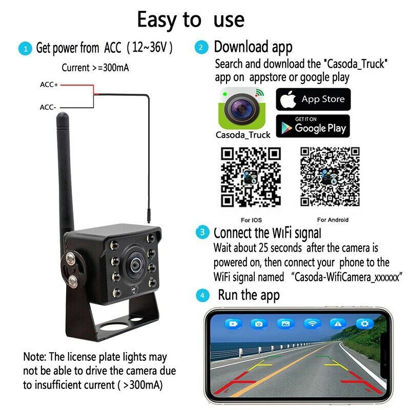Wifi Wireless Reversing Camera 12V-36V High-Definition Infrared Night Vision Rear View Image for Buses, Trucks, and Vehicles
