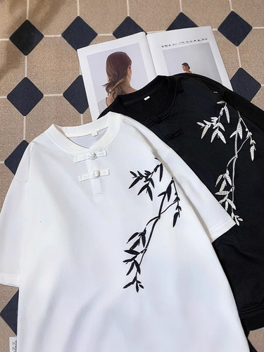 Summer New Chinese Style Bamboo Embroidery Short-Sleeve T-Shirt for Men, Design-Focused Loose Trendy Retro National Style Button-Down Tunic Top