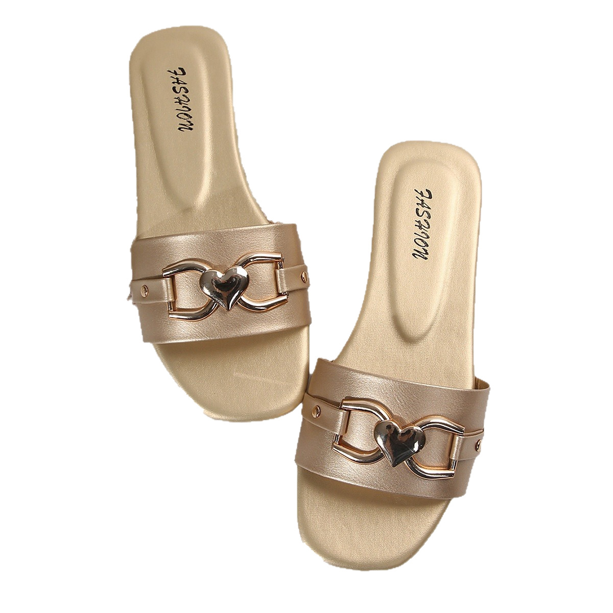 Sandalias Planas de Punta Cuadrada con Corazón de Cuero Sintético Decorativas para Uso Casual