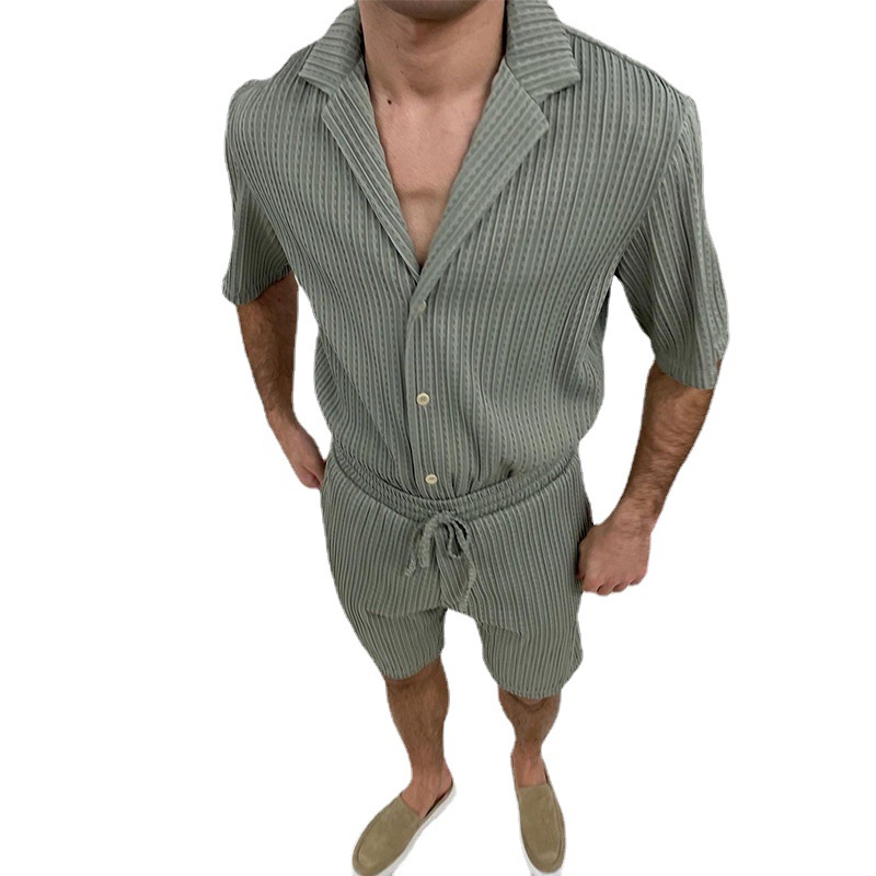 Verano casual suelta camisa de manga corta pantalones cortos de moda a rayas traje de ropa de hombre traje de dos piezas de los hombres traje deportivo de los hombres