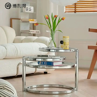 Stainless steel small tea table ins style rotating round tempered glass Nordic simple round tea table living room tea table