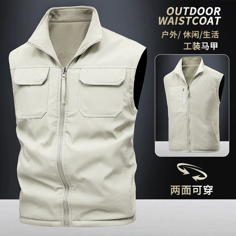 Primavera y otoño, uso de doble cara más chaleco de comercio exterior de terciopelo, chaleco de herramientas multibolsillo antisalpicaduras para exteriores para hombres, personalización avanzada