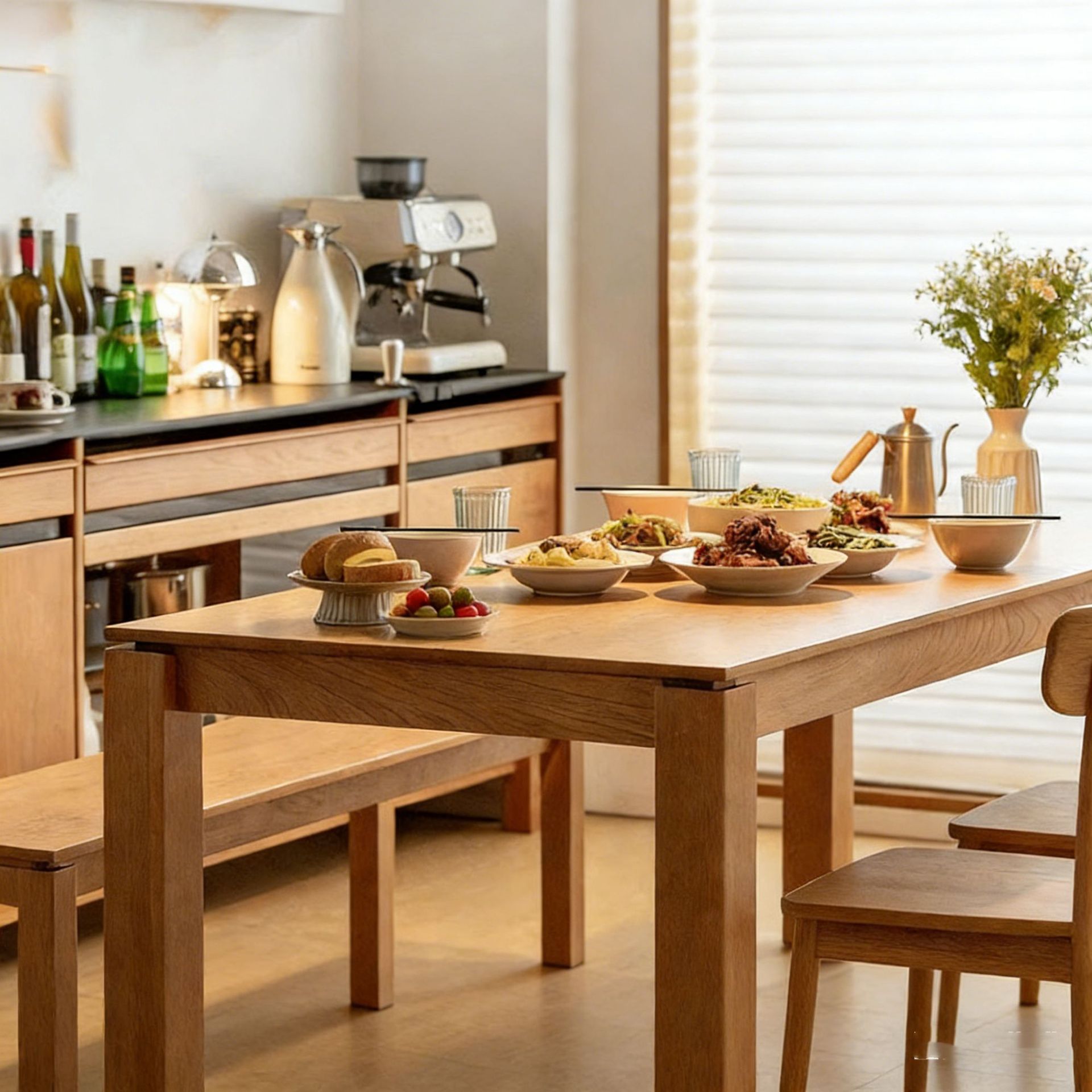 Nordic Cherry Wood Dining Table Home Full Solid Wood Large Board Long Table Desk Small Apartment Worktable Solid Wood Bench